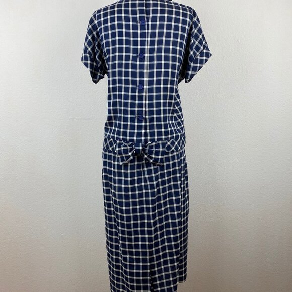 Vintage 60s Two-Piece Dress Straight Skirt Drop Waist Top Medium Blue Check Bow - Picture 5 of 11